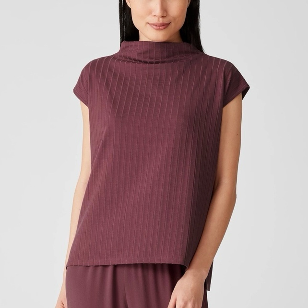 Eileen Fisher Plum Ribbed Mock-Neck Cap Sleeve Top